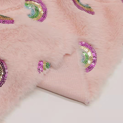 Recycled 100 Polyester Rabbit Fur Rainbow Style Sequins Embroidery on Plush Fabrics for Home Textiles