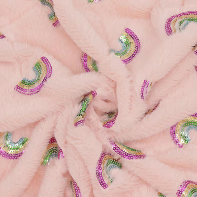 Recycled 100 Polyester Rabbit Fur Rainbow Style Sequins Embroidery on Plush Fabrics for Home Textiles